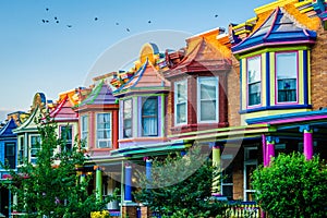 Colorful row houses on Guilford Avenue, in Charles Village, Baltimore, Maryland photo