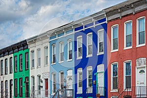 Colorful row houses on Howard Street, in Old Goucher, Baltimore, Maryland