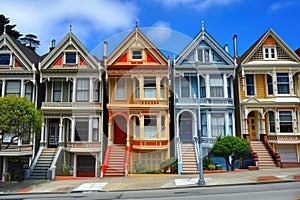 A colorful row of houses in San Francisco, California, showcasing the vibrant architecture of the city, Vintage Victorian homes in