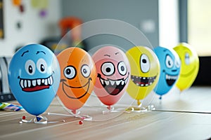 A colorful row of large balloons featuring amusingly painted faces, lined up against a clear blue sky, Balloons with funny faces