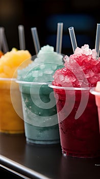 Colorful row of plastic cup slushies, brimming with frozen fruity goodness