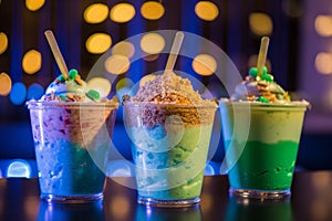 Colorful row of three different frozen yogurt desserts