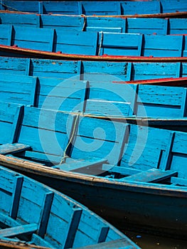 Colorful Rowboats along the Shore of Phewa Lake in Nepal, Close Up