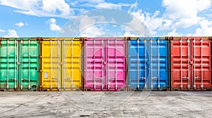 Colorful rows of cargo containers in various shades lined up at a bustling shipping yard