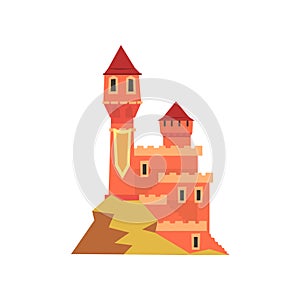 Colorful royal castle with towers standing on hill. Icon of medieval fort. Old architecture. Flat vector design for