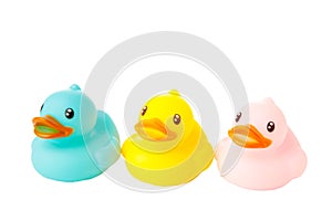 Colorful rubber bath ducks isolated on white background