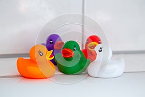 Colorful rubber ducks in the bathroom