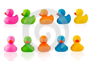 Colorful Rubber ducks isolated on white