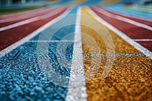 Colorful running track lanes in closeup view