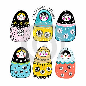 Colorful Russian matryoshka dolls, traditional wooden nesting dolls decorated floral patterns