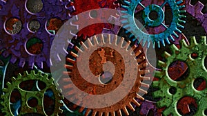 Colorful Rusty Mechanical Gear Parts Rotating and Moving on Grunge Texture Background