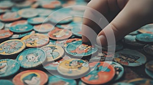 Colorful 90s Tazos scattered on a table photo