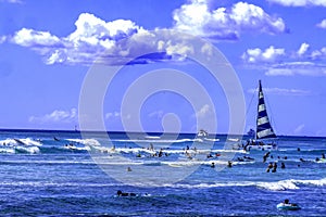 Colorful Sailboat Surfers Swimmers Waikiki Beach Honolulu Hawaii