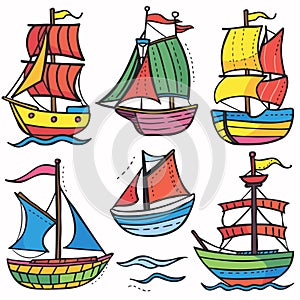 Colorful sailing ships doodle set, handdrawn style white background. Cartoon illustrations various