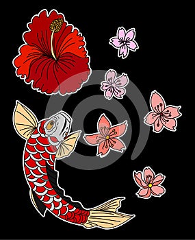 Colorful Sakura flower and Hibiscus flower with koi fish for printing on paper.