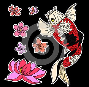 Colorful Sakura flower and lotus flower with koi fish for printing on paper.