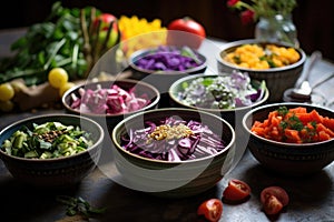 colorful salad ingredients in separate bowls