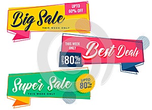 Colorful sale banners set in memphis style