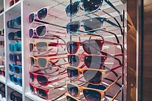 Colorful sales rack displays sunglasses for vibrant summer style