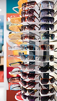 Colorful sales rack displays sunglasses for vibrant summer style