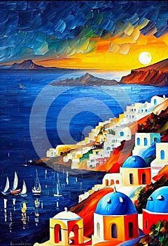 Colorful Santorini oil knife painting