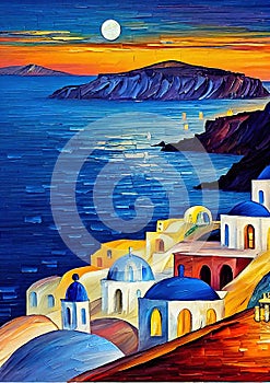 Colorful Santorini oil knife painting