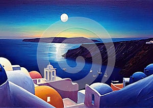 Colorful Santorini village at night oil knife painting