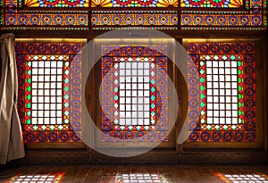 Colorful sash windows in the Arg-e Karim Khan. Shiraz, Iran