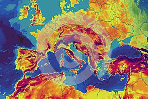 Colorful Satellite Weather Map Depicting Temperatures Across Europe