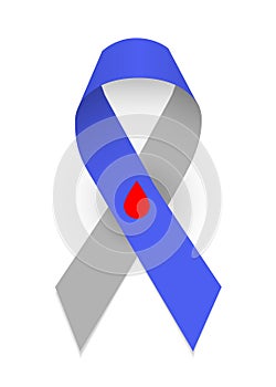 Colorful satin ribbon as symbol of type one diabetes awareness. Gray and blue ribbon with a red drop of blood