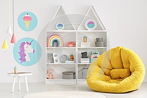 Colorful scandi kid`s room interior