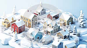 Colorful Scandinavian Nordic House in the snow falling place village city in winter season holiday 3D isometric Generative AI