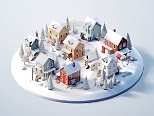 Colorful Scandinavian Nordic House village city circle with snow winter season holiday 3D isometric Generative AI