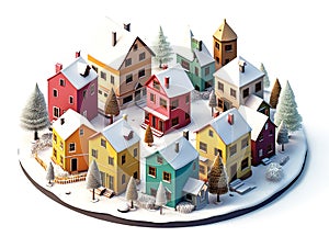 Colorful Scandinavian Nordic House village city circle with snow winter season holiday 3D isometric illustration Generative AI