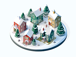 Colorful Scandinavian Nordic House village city circle with snow winter season holiday 3D isometric illustration Generative AI