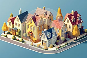 Colorful Scandinavian Nordic House village city in spring season holiday 3D isometric illustration flat color Generative AI