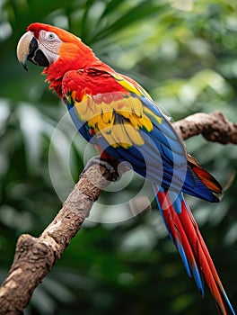 Colorful scarlet macaw parrot in jungle