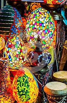 Colorful scattered-mosaic lamps, Moez street photo