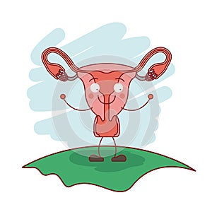 Colorful scene in grass with silhouette caricature female reproductive system