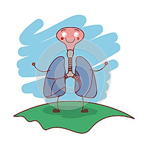 Colorful scene in grass with silhouette caricature respiratory system with windpipe