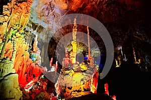 Colorful scenery of the lighting Underground karst cave