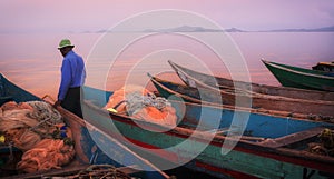 Colorful scenic sunset with fishing boats on Mfangano Island, Lake Victoria, Kenya