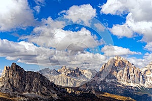 Colorful scenic view of majestic Dolomites mountains in Italian Alps.