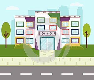 Colorful school building. Flat vector illustration cartoon style