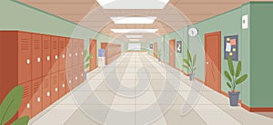Colorful school corridor with window, doors and cupboards vector illustration. Empty college hallway interior with photo