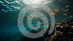 Colorful school of fish swim in tropical reef below blue water