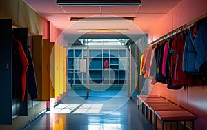 Colorful school hallway with lockers, a bench, and coats hanging, illuminated by natural and artificial light.