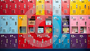 Colorful school lockers with personalized name tags and vibrant decorations