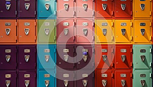 Colorful school lockers with personalized name tags and vibrant decorations