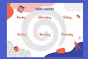 Colorful School schedule design template with elements. Vector template. Calendar Daily planner. Paper sheet.
